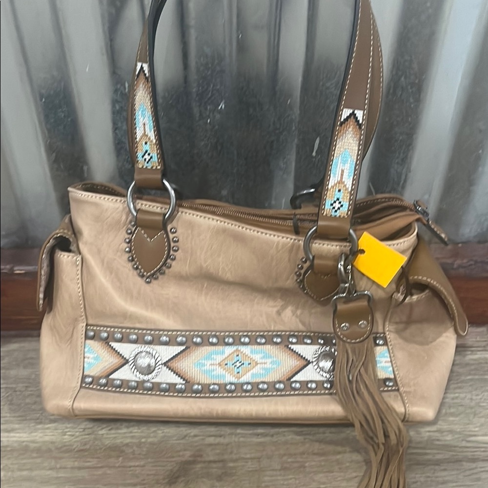Brown and Tan Embroidered Women's Bag